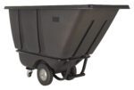 The Vestil Medium Duty Tilt Truck 1/2 Cu Yd Black is a spacious industrial utility cart with two sturdy rear wheels and a front caster, designed to transport up to 1/2 cubic yard of materials efficiently. Its durable plastic construction features a large rectangular basin for easy handling.