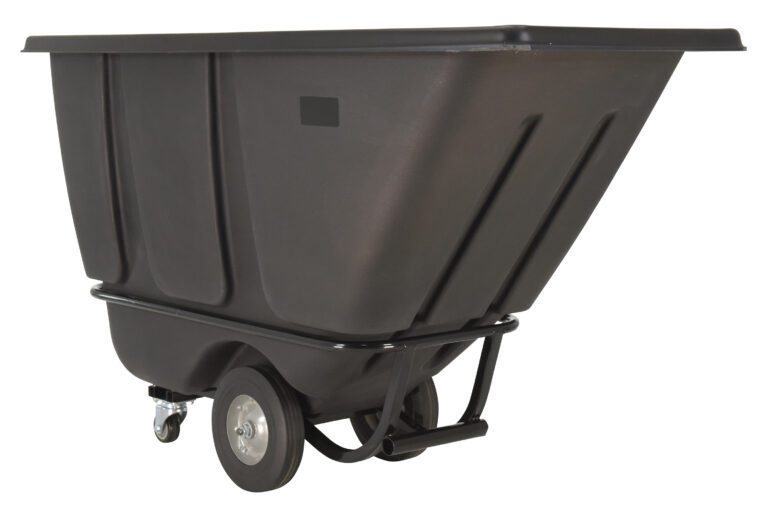 The Vestil Medium Duty Tilt Truck 1/2 Cu Yd Black is a spacious industrial utility cart with two sturdy rear wheels and a front caster, designed to transport up to 1/2 cubic yard of materials efficiently. Its durable plastic construction features a large rectangular basin for easy handling.