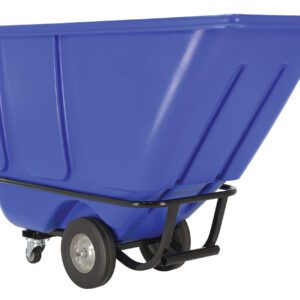 The Vestil Medium Duty Tilt Truck 1/2 Cu Yd Blue is a spacious, blue utility cart with an open-top rectangular design. It has two sturdy black rear wheels and a swivel wheel at the front, all mounted on a strong black metal frame for easy maneuverability.