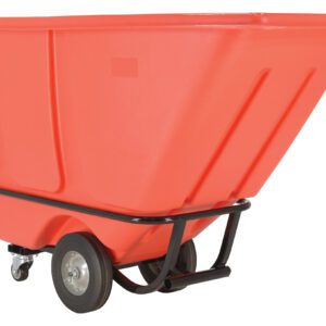 The Vestil Medium Duty Tilt Truck 1/2 Cu Yd Red is a large, red, tapered industrial cart with two rear wheels and a front caster, supported by a sturdy black metal frame.
