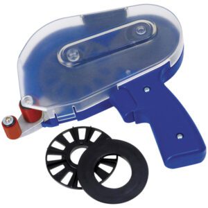 The blue Tape Logic® Adhesive Transfer Tape Dispenser features a transparent cover, trigger handle, roller mechanism, and comes with two black circular refill tapes for precise application.