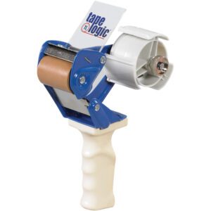 The Tape Logic® 2 Work Horse Carton Sealing Tape Dispenser includes a durable blue metal frame, a white plastic handle, and a roll of brown packing tape with the Tape Logic logo on its stylish white section.