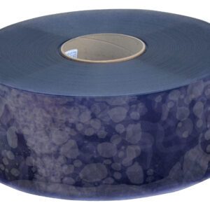 This Vestil roll for vinyl strip doors is a large blue reflective tape with a decorative spotted pattern. Tightly wound around a cardboard core, its shiny surface reflects light and boasts an impressive 0.08 thickness.