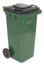 Featured here is the Vestil Green Poly Trash Can with a 32-gallon capacity, equipped with a sleek black lid and two sturdy left-side black wheels for easy mobility and durability.