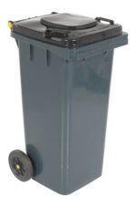 The Vestil Gray Poly Trash Can has a 32-gal capacity, black lid, yellow handle, and two wheels for easy mobility.