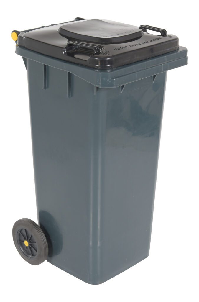 The Vestil Gray Poly Trash Can has a 32-gal capacity, black lid, yellow handle, and two wheels for easy mobility.