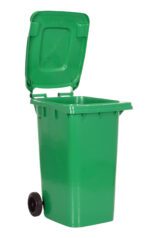 The Vestil Green Poly Trash Can, with a 64-gallon capacity and two black wheels, offers easy mobility and functionality with its open lid showcasing a spacious compartment.