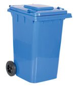 The Vestil Blue Poly Trash Can with 95-gallon capacity stands alone, its lid securely closed. This large bin has a sturdy rectangular shape with two black wheels, making it ideal for outdoor waste disposal.