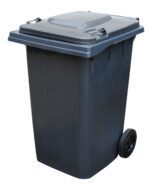 The Vestil Gray Poly Trash Can, featuring a 95-gal capacity, stands on a white background. Its large and dark gray with two black rear wheels and handles near the top for easy maneuvering.