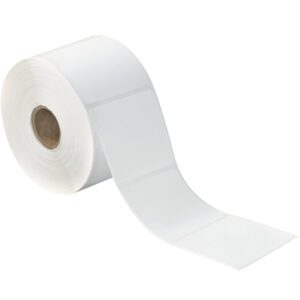 The MH-USA 3 x 2 White Desktop Direct Thermal Labels (735/Roll) partially unroll to show a few labels protruding, highlighting their practical design with a central cardboard core.