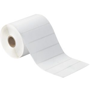 The MH-USA 4 x 1 White Desktop Direct Thermal Labels (1310/Roll) feature a white surface, rectangular shape, and are partially unrolled around a cardboard core, making them ideal for desktop printing or writing.