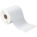 A partially unrolled roll of MH-USA 4 x 3 White Desktop Direct Thermal Labels, specifically sized and perforated for easy separation, contains 500 rectangular labels per roll with a cardboard core for simple dispenser mounting.