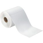 A roll of white toilet paper with a visible cardboard tube on a white background mirrors the orderliness of MH-USA Desktop Direct Thermal Labels (230/Roll), with its loose end gently hanging.