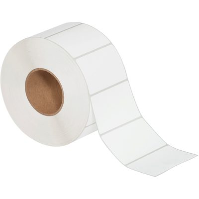 THL110.jpg A roll of MH-USA 4 x 2 1/2 white thermal transfer labels, partially unrolled, shows the rectangular labels with rounded edges connected in a continuous strip. Each roll contains 2400 labels and has a brown cardboard core in the center.