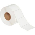 A roll of MH-USA 4 x 3 White Thermal Transfer Labels (2000/Roll) features a brown cardboard core, with labels neatly aligned in a single column, some unrolled to display their pristine surfaces.