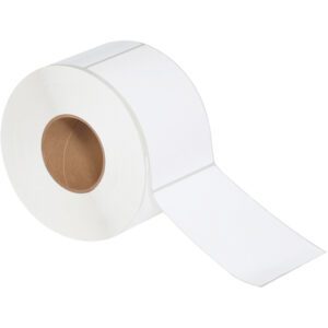An angled roll of MH-USA 4 x 6 White Thermal Transfer Labels, with a brown cardboard core and matte-finish labels, slightly unrolled to show individual labels; contains 1000 labels per roll.