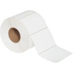 The MH-USA 6 x 4 white thermal transfer labels (1500/roll) include perforations between each label on a brown cardboard core, with several labels ready for use.