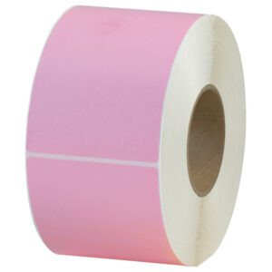 Displayed is a roll of MH-USA 4 x 6 Pink Thermal Transfer Labels (1000/Roll) with white backing, wound around a sturdy cardboard core and subtly divided by faint lines for easy separation.