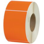 A MH-USA 4 x 6 roll of orange thermal transfer labels with a white border between labels, featuring a visible inner cardboard core and containing 1000 labels per roll, ideal for all your labeling needs.