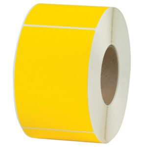 The MH-USA 4 x 6 Yellow Thermal Transfer Labels (1000/Roll) are shown upright, emphasizing their cylindrical shape and inner cardboard core, with white separation lines.