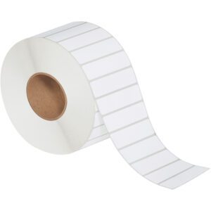 The MH-USA 4 x 1 Direct Thermal Labels have 5560 uniformly sized labels per roll, come with horizontal perforations, and are ideal for various uses. They feature a sturdy brown cardboard core and can be laid on their side.