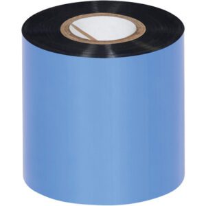 A large roll of black vinyl tape stands upright with its metallic-looking interior, resembling the sleek MH-USA 2.36 x 984 Black Zebra Thermal Transfer Ribbons - Wax. The outer surface is wrapped in a blue protective layer, maintaining its standard circular shape with visible layers of tape.