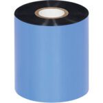 A MH-USA 3.14 x 1476 Black Zebra Thermal Transfer Ribbon from a case of 24 is wrapped in blue, standing upright to display its black wax surface at both ends.