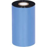 A large blue thermal transfer ribbon with a black core stands vertically against a plain white background, resembling the MH-USA 5.12 x 1476 Black Zebra Thermal Transfer Ribbons - Wax, available in cases of 24 rolls.