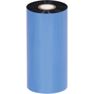 A large roll of blue thermal transfer ribbon stands upright against a white background, with its brown inner core visible, resembling the MH-USA 6.02 x 1476 Black Zebra Thermal Transfer Ribbons - Wax (12 Rolls/Case).
