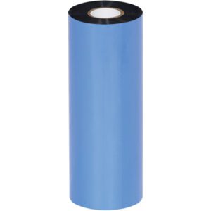 The glossy surface of the blue cylindrical roll of thermal transfer ribbon, like the MH-USA 6.50 x 984 Black Zebra Thermal Transfer Ribbon - Wax, shines upright. Partially unwound, its white core is visible while the top reflects light elegantly.