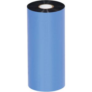 A large roll of MH-USA 6.50 x 1476 Black Zebra Thermal Transfer Ribbon, wax type, stands upright on a white background showcasing its crisp black edges; each case includes 12 rolls.