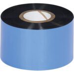A shiny, tightly wound blue printing ribbon with a black edge and cardboard core resembles the MH-USA 1.57 x 1181 Black Datamax Thermal Transfer Ribbons - Wax (48 Rolls/Case).