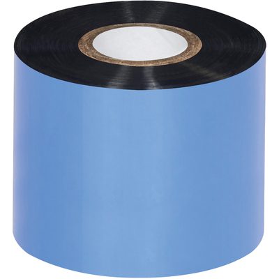 THT121.jpg A large 2.01 x 1181 black MH-USA Datamax thermal transfer ribbon with blue wax and a cardboard core is upright on a white background.