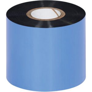 A vertical large roll of MH-USA 2.36 x 1181 black thermal transfer ribbon reveals an outer blue layer and inner black wax, with the cardboard core visible from above. Available as 36-roll cases, this Datamax ribbon is designed for convenience.