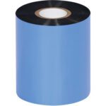 The MH-USA 3.00 x 1181 Black Datamax Thermal Transfer Ribbon, with glossy black edges and a white core, is upright on a plain white background, highlighting its cylindrical shape and quality typical of wax ribbons (36 rolls per case).