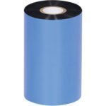 A large roll of blue ribbon with a black inner circle and white core, similar to the MH-USA 4.33 x 1181 Black Datamax Thermal Transfer Ribbons - Wax (24 Rolls/Case), stands upright against a white background.