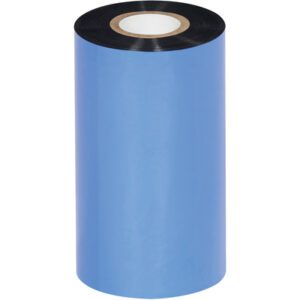 The MH-USA 4.33 x 984 Black Zebra thermal transfer ribbon, part of a wax/resin pack of 24 rolls per case, features a blue protective wrap encasing the roll tightly around a cardboard core for optimal label and barcode printing.
