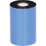 A large roll of blue thermal transfer ribbon, tightly wound around a white core, has a shiny surface reminiscent of the premium MH-USA 4.33 x 1476 Black Zebra Thermal Transfer Ribbons - Wax/Resin blend (24 rolls/case).
