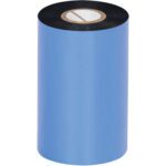 The MH-USA 4.02 x 1181 black Datamax thermal transfer ribbon, with a blue finish and central cardboard core, stands upright against a white background, highlighting its premium quality for printing needs. Available in resin with 6 rolls per case.