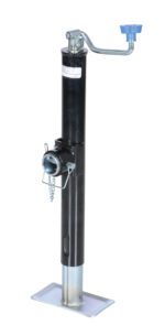 The Vestil Tube Ring Trailer Jack 2000 Lb Cap features a robust design with a black and silver finish, includes a crank handle with blue rubber grip, and offers a secure latch mechanism with chain, ensuring functionality and sturdiness for any trailer setup.