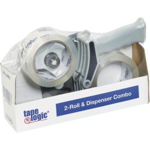 The Tape Logic® 2 x 55 Clear 2-Roll Dispenser Combo packaging features two clear tape rolls and a gray dispenser. The box prominently displays the Tape Logic logo along with detailed product info.