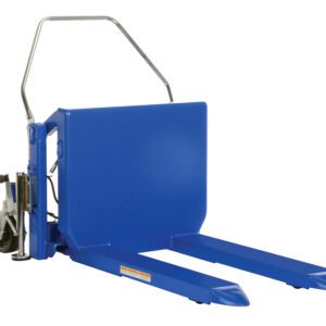The Vestil Tilt Master Ac Power & 2000 Lb Cap pallet truck in blue features a handle with two forward prongs, a small wheel for mobility, and a hydraulic lifting mechanism. Its sturdy design and compact base make it ideal for maneuvering in tight spaces.