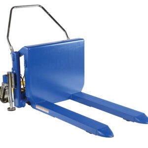 The Vestil Tilt Master DC Foot Control 2000 lb is a blue pallet jack with two long forks and a handle for manual operation. It can lift and move 2000 lb pallets in warehouses or loading areas, featuring small wheels for mobility and an easy-to-use foot control.