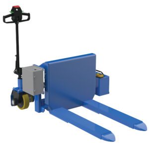 The Vestil Tilt Master DC Power Traction 2000 lb features a compact industrial design, similar to a blue electric pallet truck with DC power traction. It has two extended forks, a black handle, control buttons, and includes a yellow wheel with rectangular motor housing on the side.