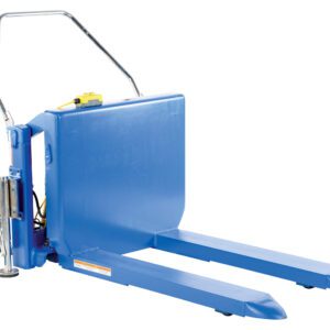 The Vestil Tilt Master DC Power 2000 lb Cap is a blue pallet jack with a metal handle, dual forks, rear wheels, and a hydraulic lifter. It features a yellow control button on top and offers robust industrial performance.