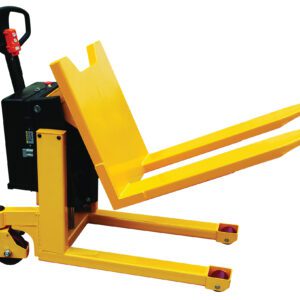 The bright yellow Vestil Tilt Master DC Powered tilt truck, featuring a sturdy handle and two wheels, efficiently handles materials with its 2200 lb capacity and long forks for lifting and tilting pallets in warehouses or storage facilities.
