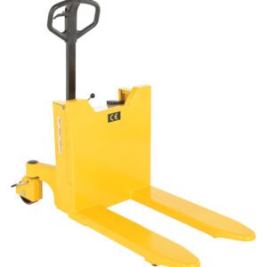 The Vestil Tilt Master Manual 2200 lb Capacity pallet jack is bright yellow with a black handle and wheels. It features two long forks for lifting pallets, displays the CE mark, and is set against a white background.