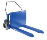 The Vestil Tilt Master DC Foot Control 4000 lb is a blue hydraulic pallet jack with a sturdy metal handle, foot control, and two long forks for easy pallet transport. Its rear wheels ensure smooth movement in warehouses or storage facilities.