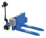 The Vestil Tilt Master DC Power Traction 4000 Lb showcases a sleek, modern design with a blue electric pallet jack, black handle, and red control button. It offers easy maneuvering with 4,000 lb traction and two lifting prongs for pallets and electronic components.