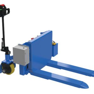 The Vestil Tilt Master DC Power Traction 4000 Lb showcases a sleek, modern design with a blue electric pallet jack, black handle, and red control button. It offers easy maneuvering with 4,000 lb traction and two lifting prongs for pallets and electronic components.